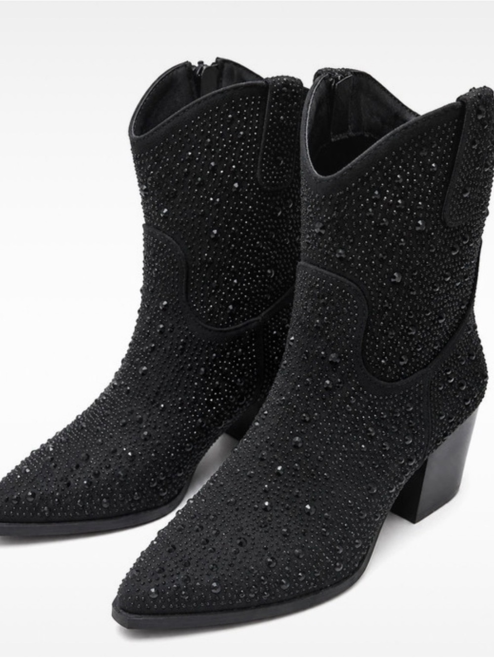 Black Embellished Suede Western Ankle Boots - Women